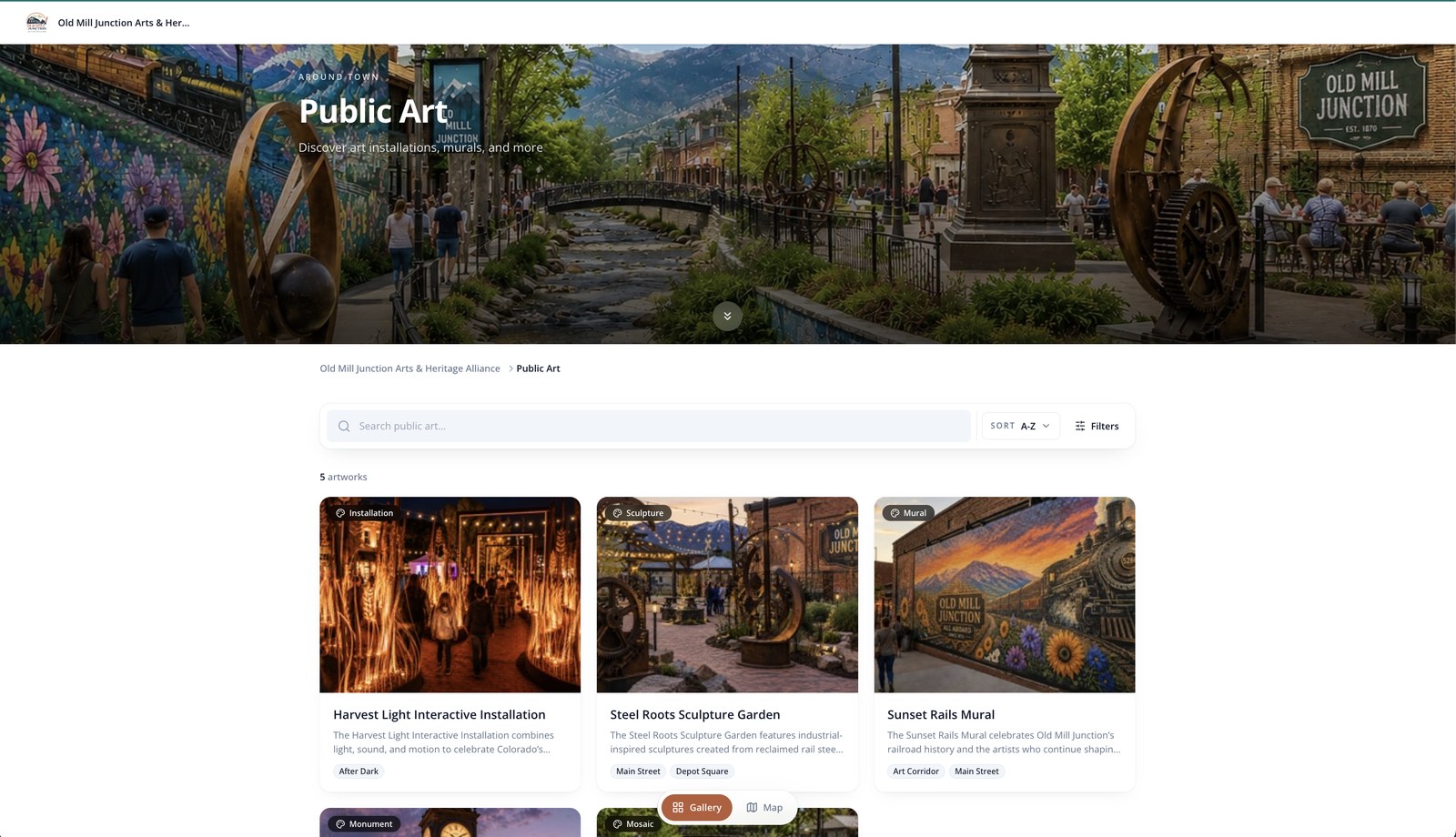 Public art directory page listing artworks across the destination