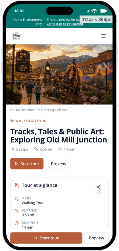 Self-guided tour stops and details on a phone